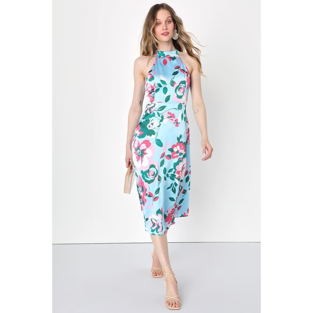 Lulu's Aqua Floral Halter Midi Dress with Pink & Green Accents